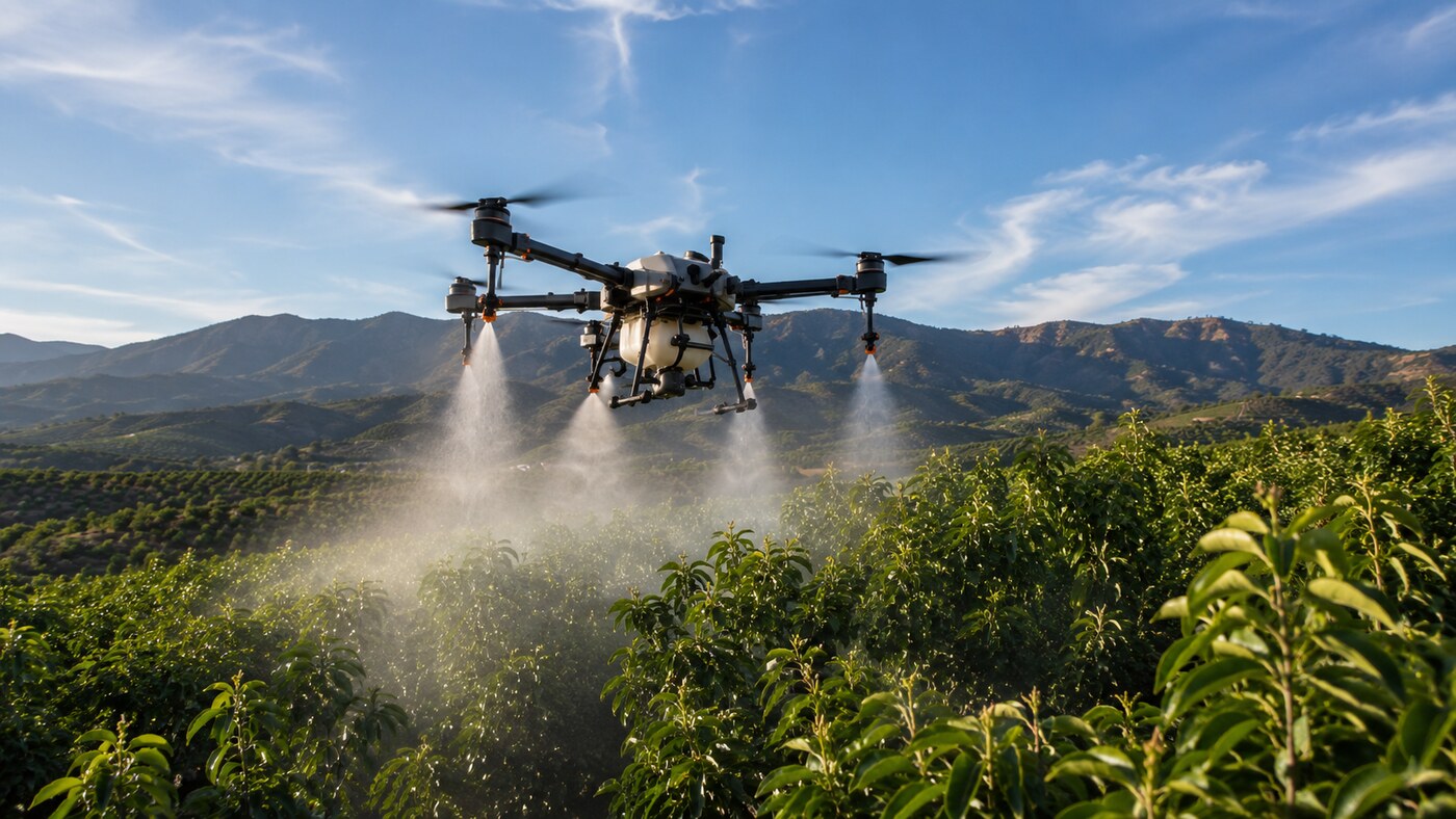 Drone agrícola DJI Agras pulverizando cultivos