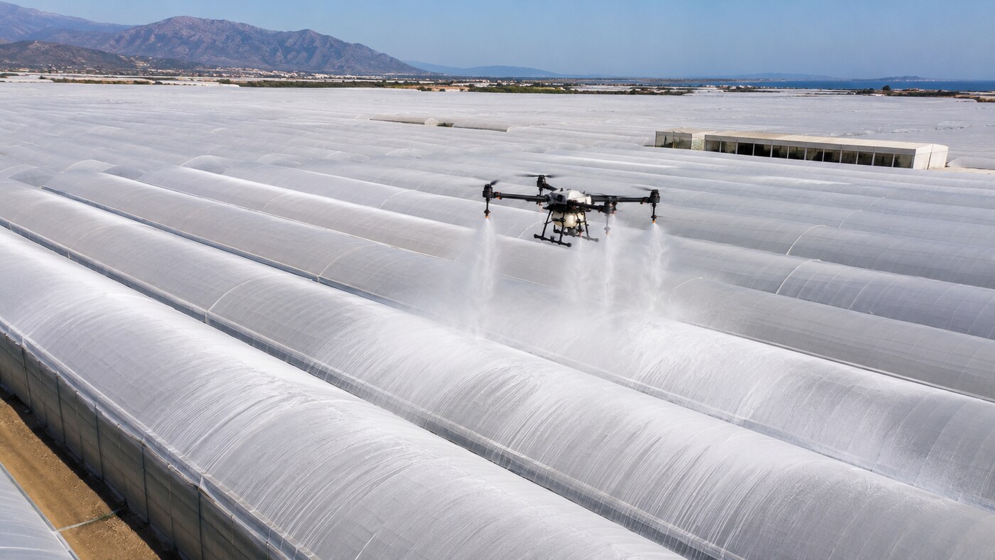 Drone blanqueando invernaderos en Málaga