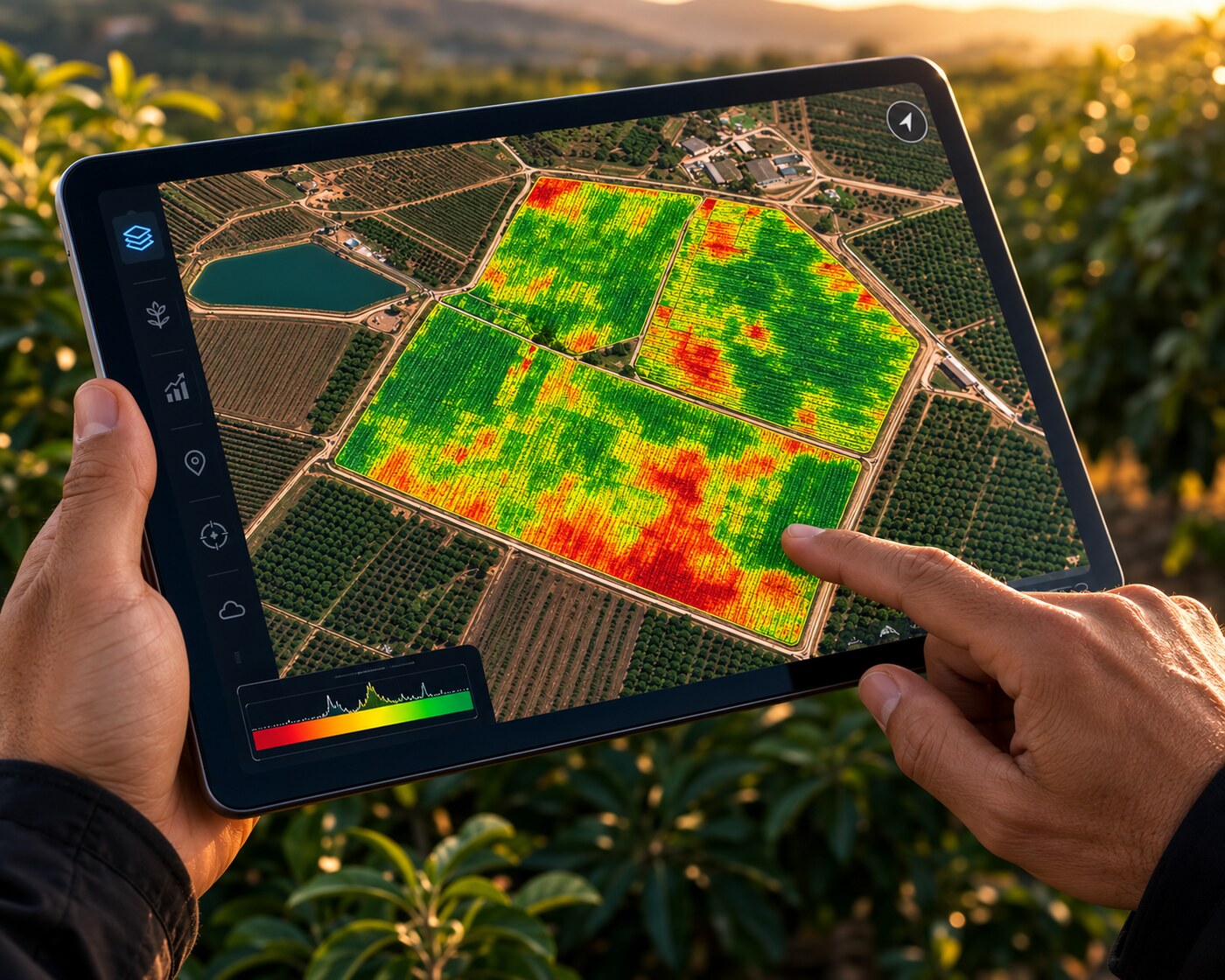 Mapa NDVI en tablet para análisis de cultivos