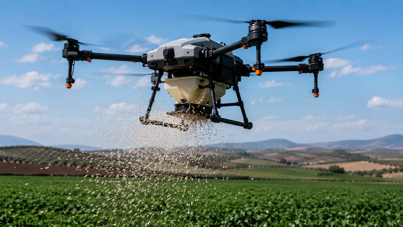 Drone esparciendo abono sólido y semillas